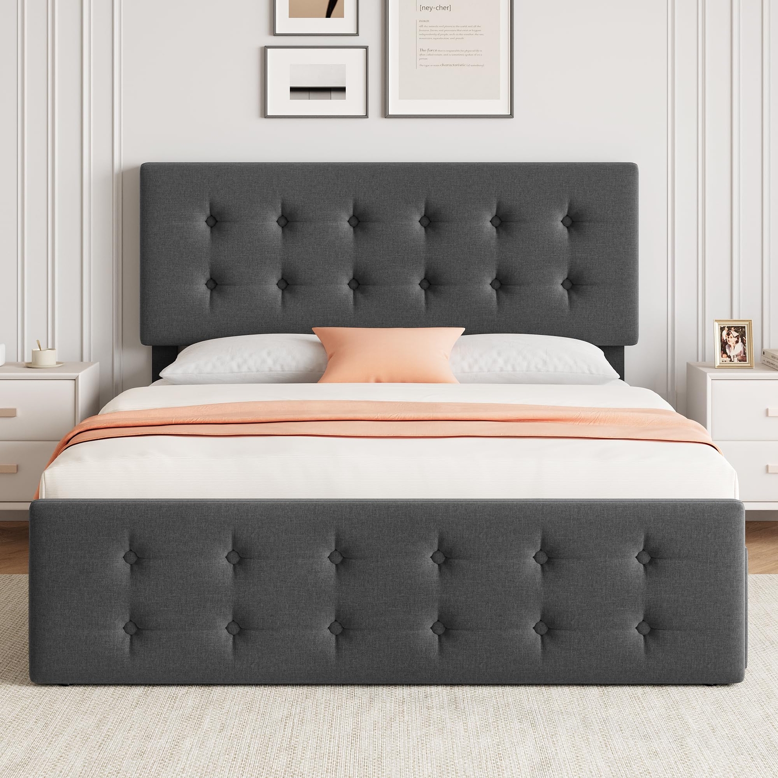 Queen Size Bed Frame Linen Upholstered Platform Bed Frame with 4 Storage Drawers