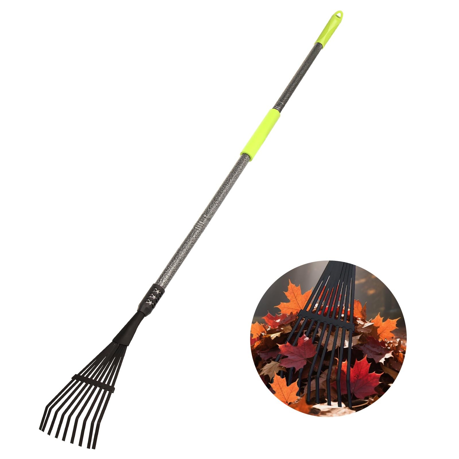 Garden Rake for Leaves, 48" Metal Leaf with Foam Soft Grip, 9 Black