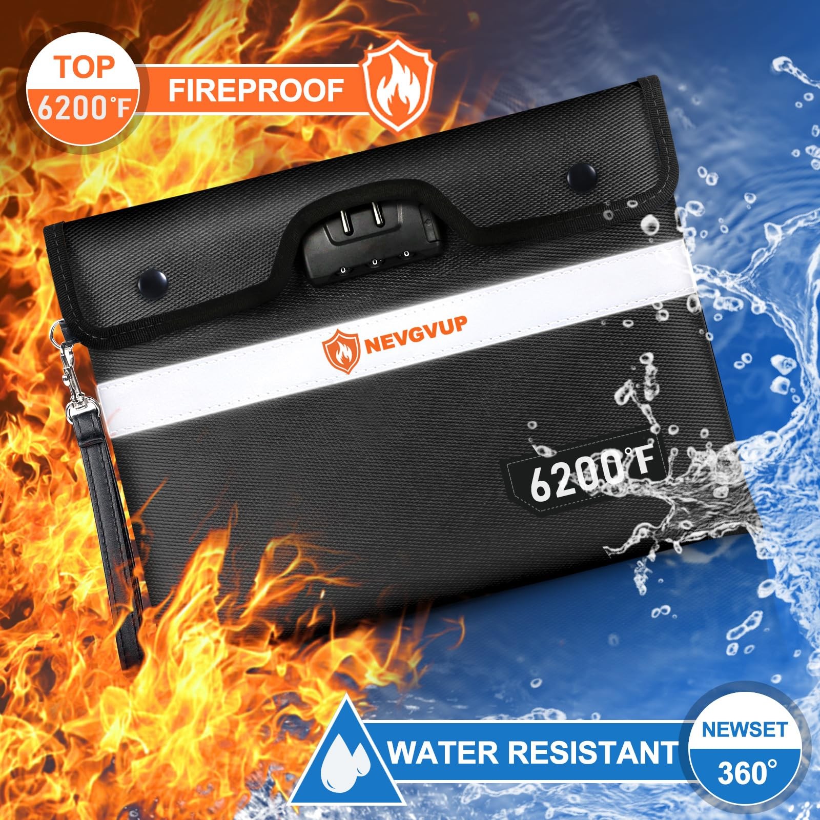 6200F Fireproof Money Bag with Lock A5 Documents Zipper Reflective Strip