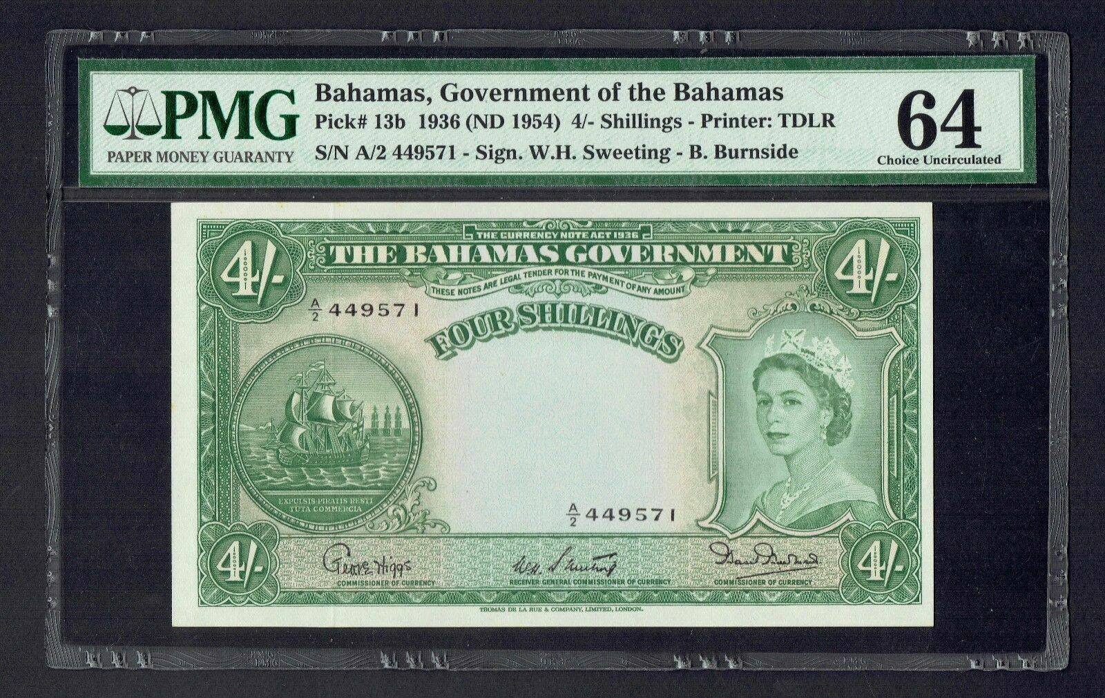Bahamas 4/- Shillings (1954) P-13 b PMG-64 Choice Uncirculated