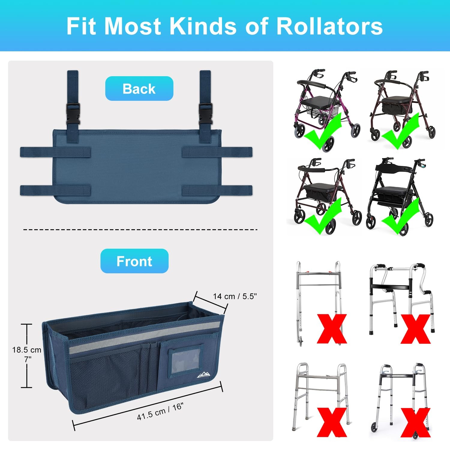 Supregear Rollator Basket Rollator Walker Bag with Cup Holder Foldable Rolling W