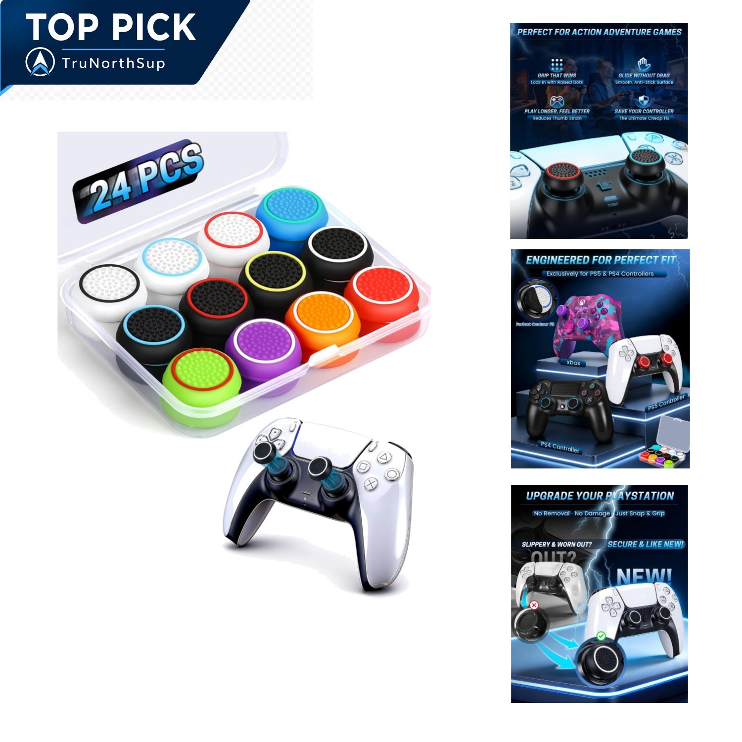 24 pcs Silicone Thumb Grips for PS5 PS4 Xbox Controller Rainbow Non-Slip Joys...