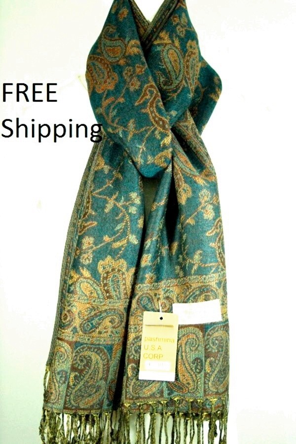 Pashmina Scarf Wrap Shawl Fashion Paisley Brown Blue Green Cashmere Silk