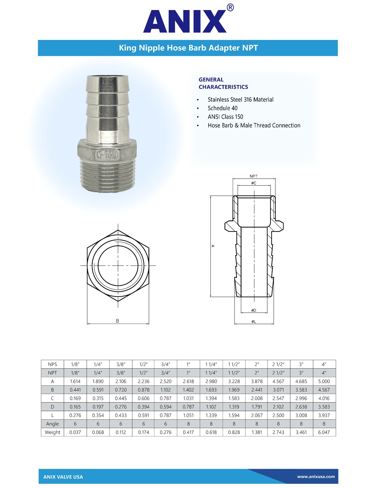 2" Stainless Steel 316 KC King Nipple Hose Barb Adapter NPT