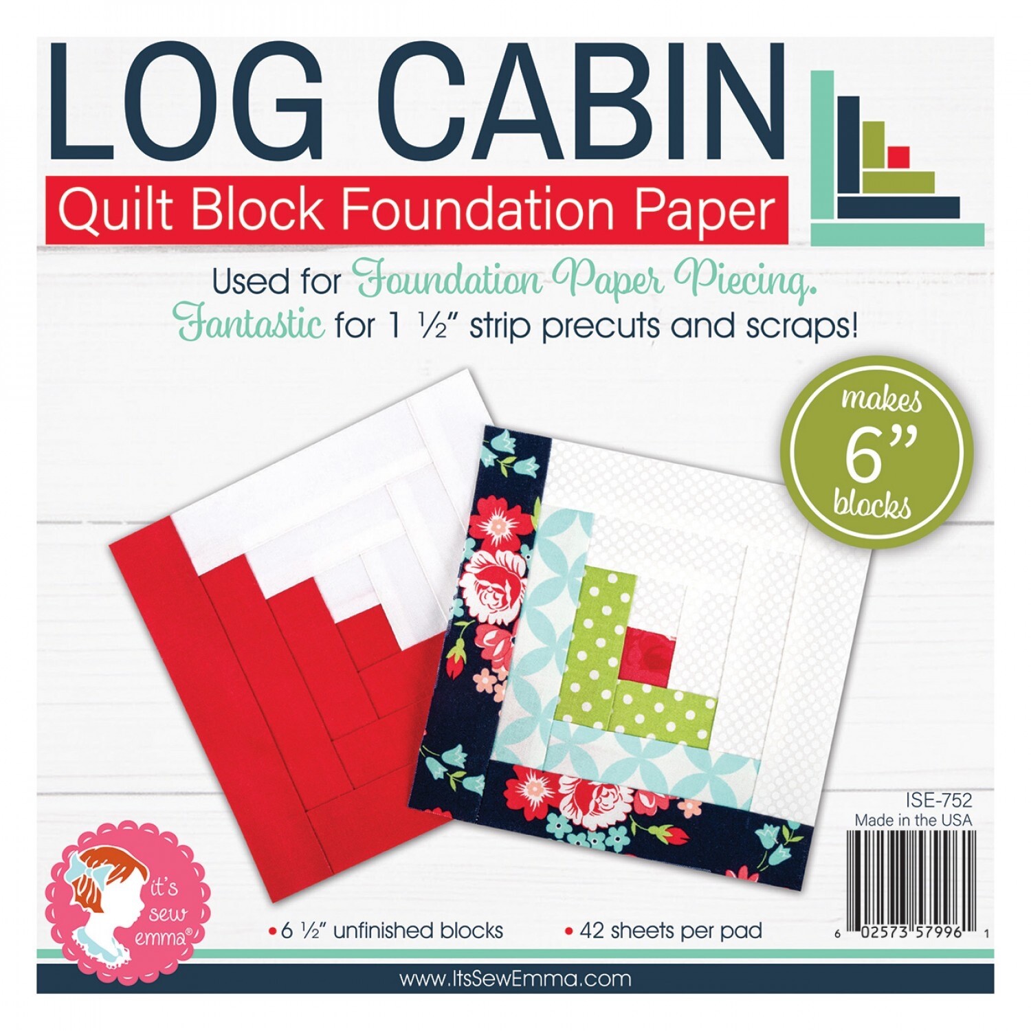 6" Log Cabin Foundation Paper, Pad Includes 42 Sheets It's Sew Emma ISE 752