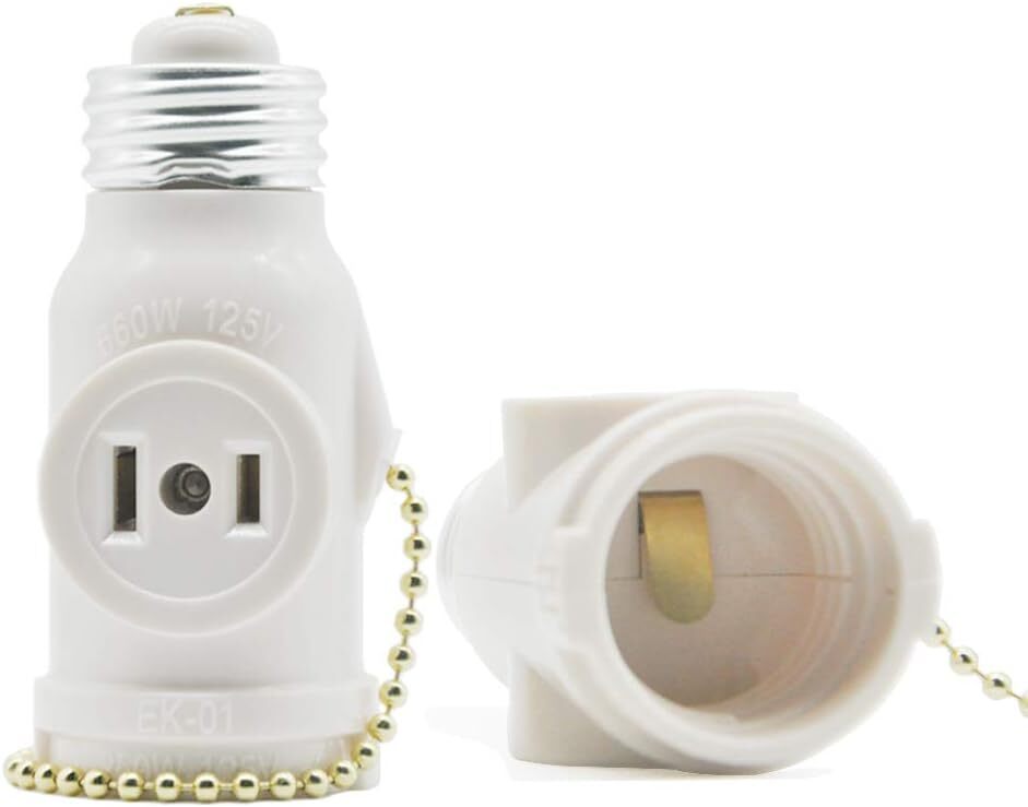 2 Pack E26 Light Bulb Socket Adapter With Pull Chain Switch For Extra Outlet