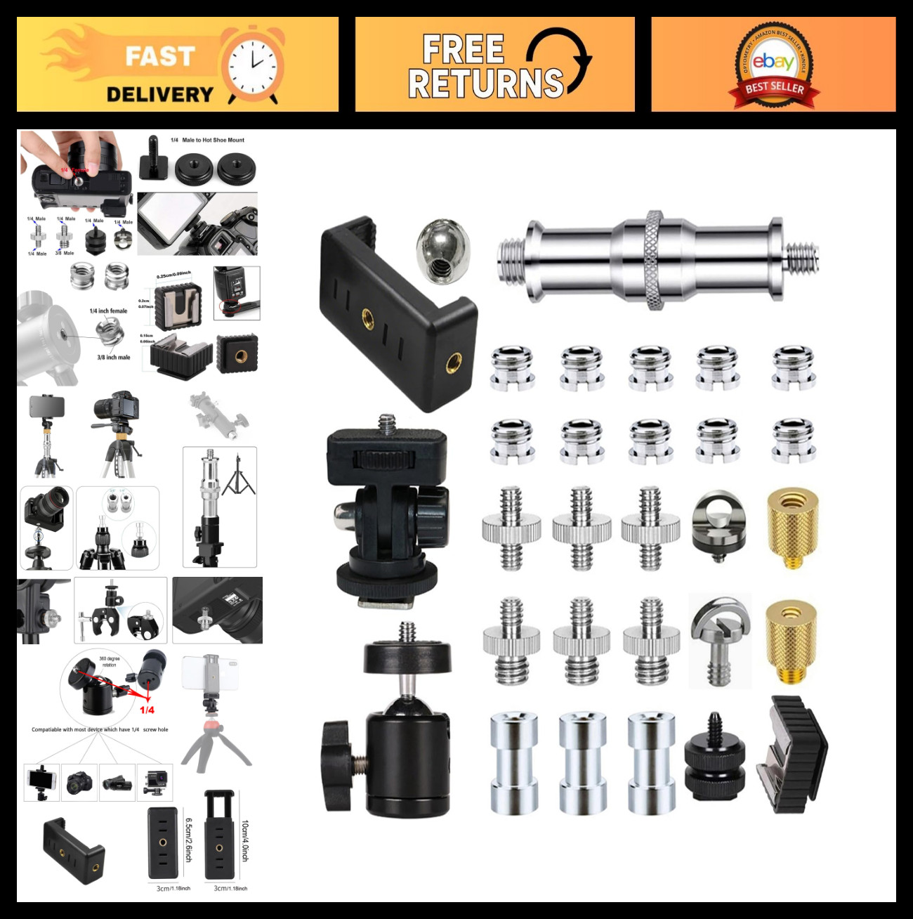 30-Pack Tripod Screw Mount Kit 1/4" to 3/8" Adapter, Swivel Ball Head & Hot Shoe
