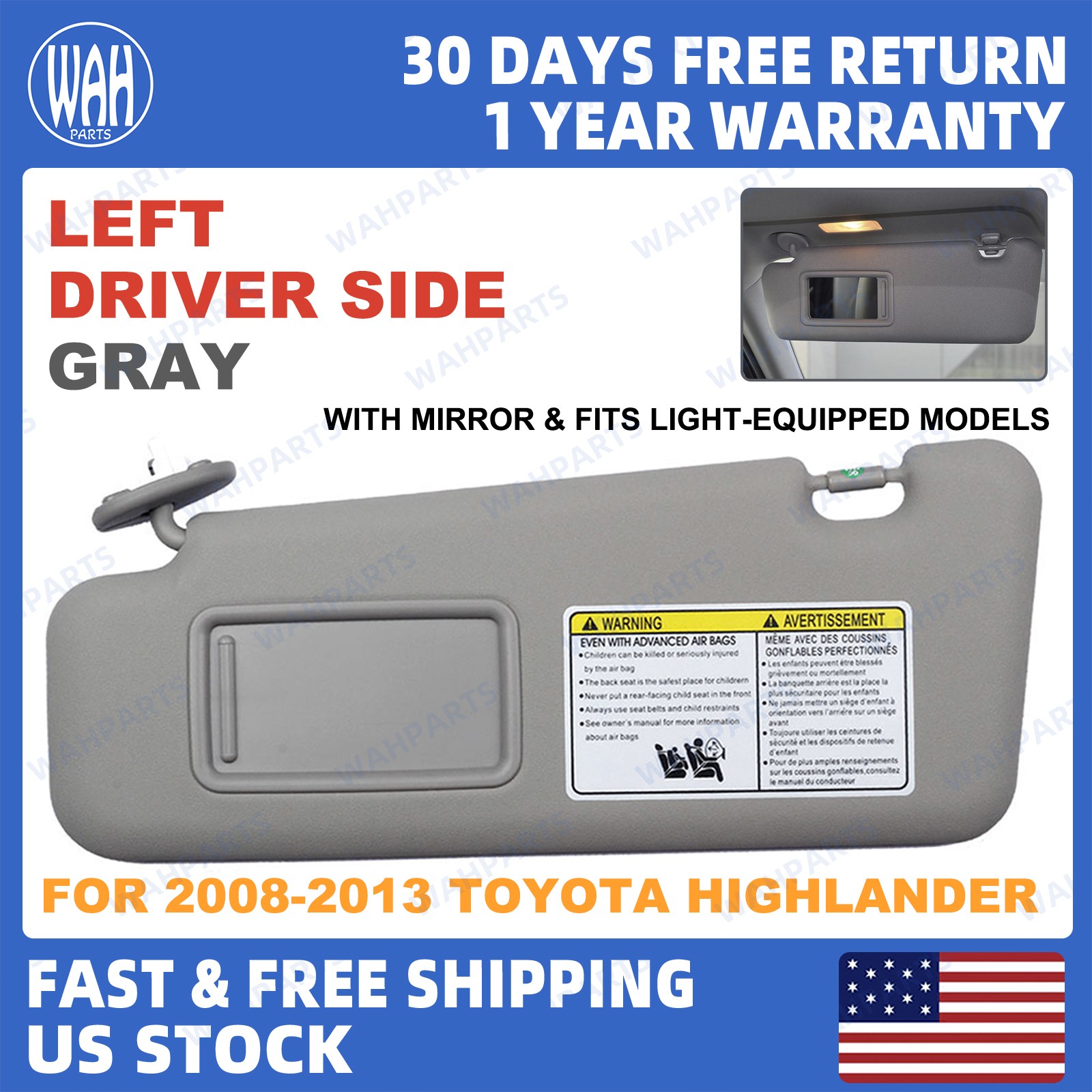 For 2008-2013 Toyota Highlander Gray Left Driver Side Sun Visor w/ Mirror
