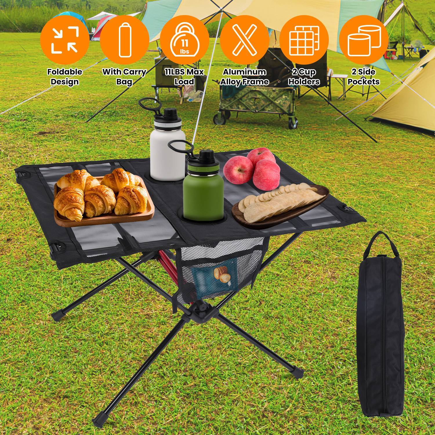Camp Table-Outdoor Folding Table with 2 Cupholders and Carrying Bag-For Camping