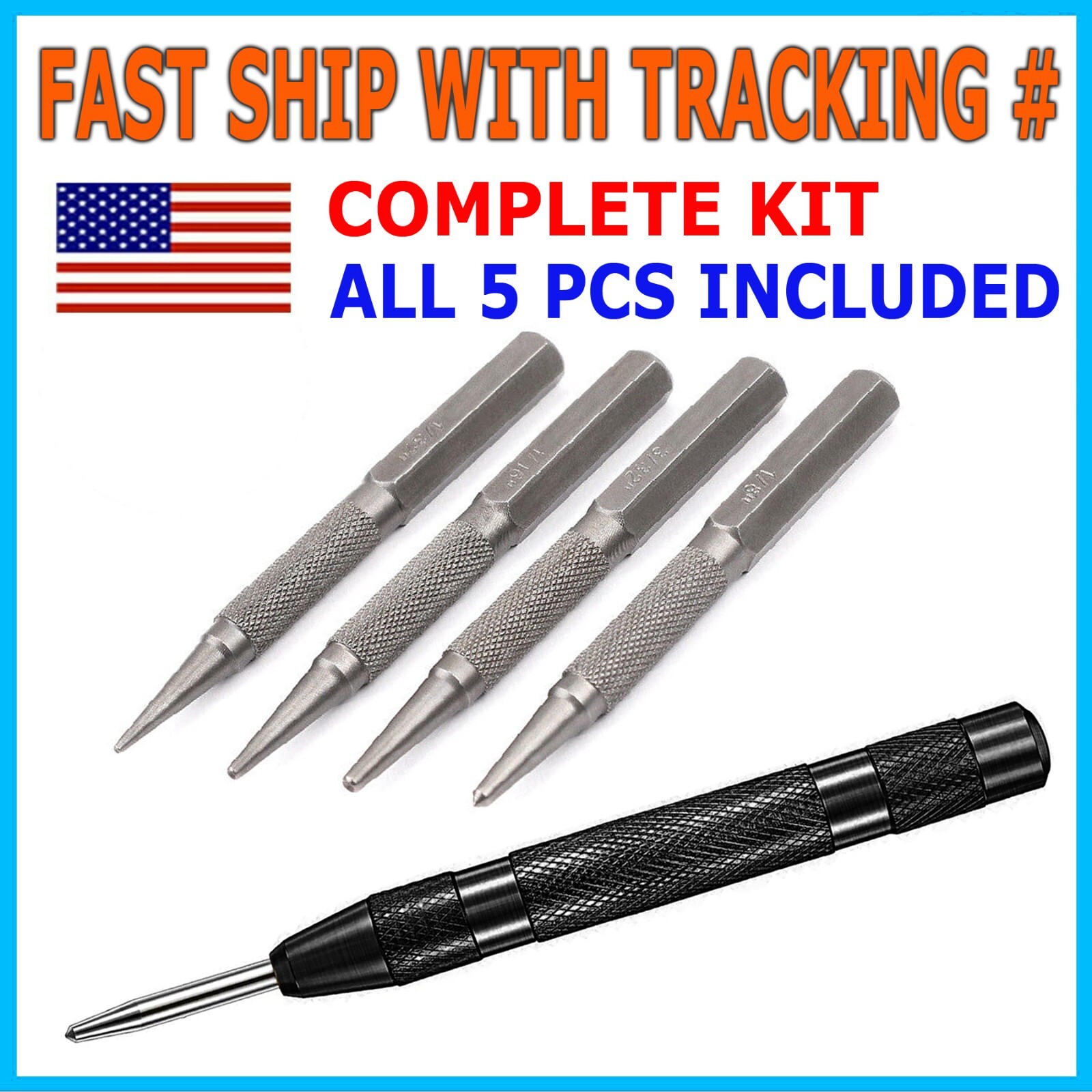 5 Piece Nail Setter & Center Punch Set 4"  Wood Metal Super Impact Resistance S2