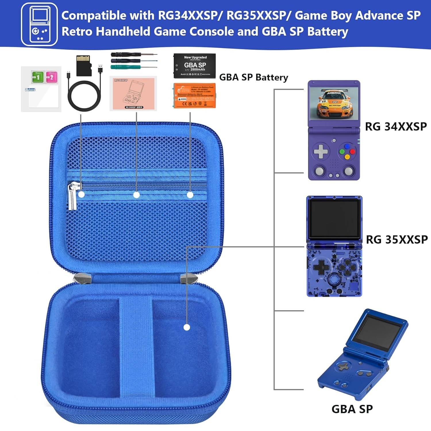 Retro Game Console Hard Case with Mesh Pocket - Fits GBA SP & Accessories