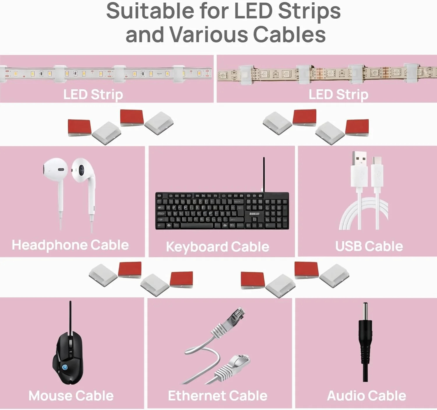 120PCS LED Strip Light Clips, Self-Adhesive Mounting Clips & Mini Cable Clips fo