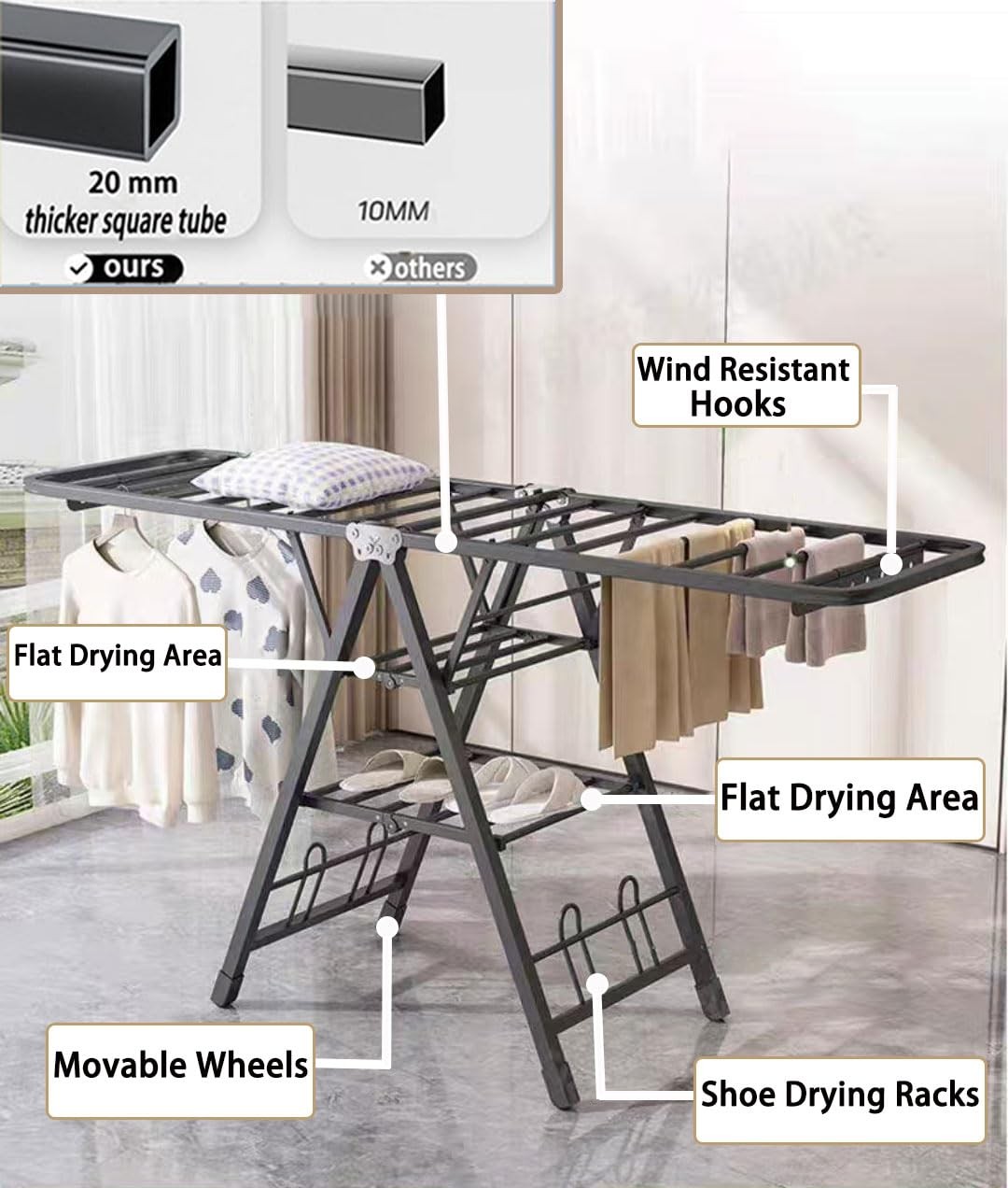Large Clothes Drying Rack Foldable, 3-Level Metal Laundry Dryer Stand