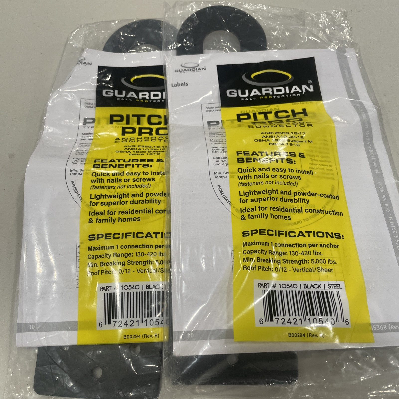 Lot of 2 Guardian 10540 , Pitch Pro Anchor , Black, Capacity Range 130-420 lbs.