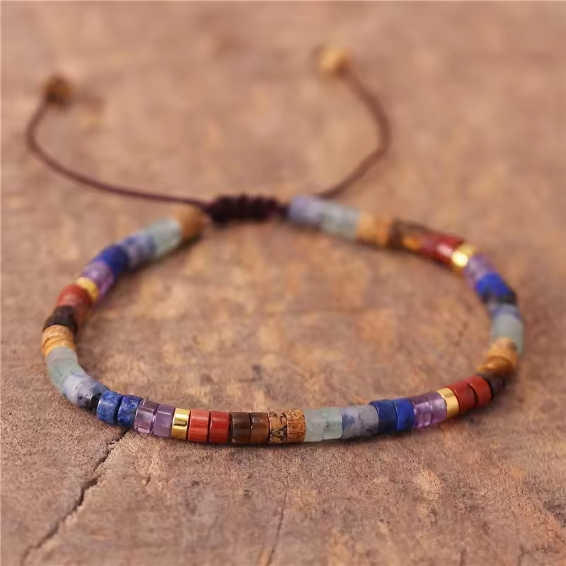 Natural 7 Charka Stone Tibetan Beads Healing Reiki Crystal Minimalist Bracelet
