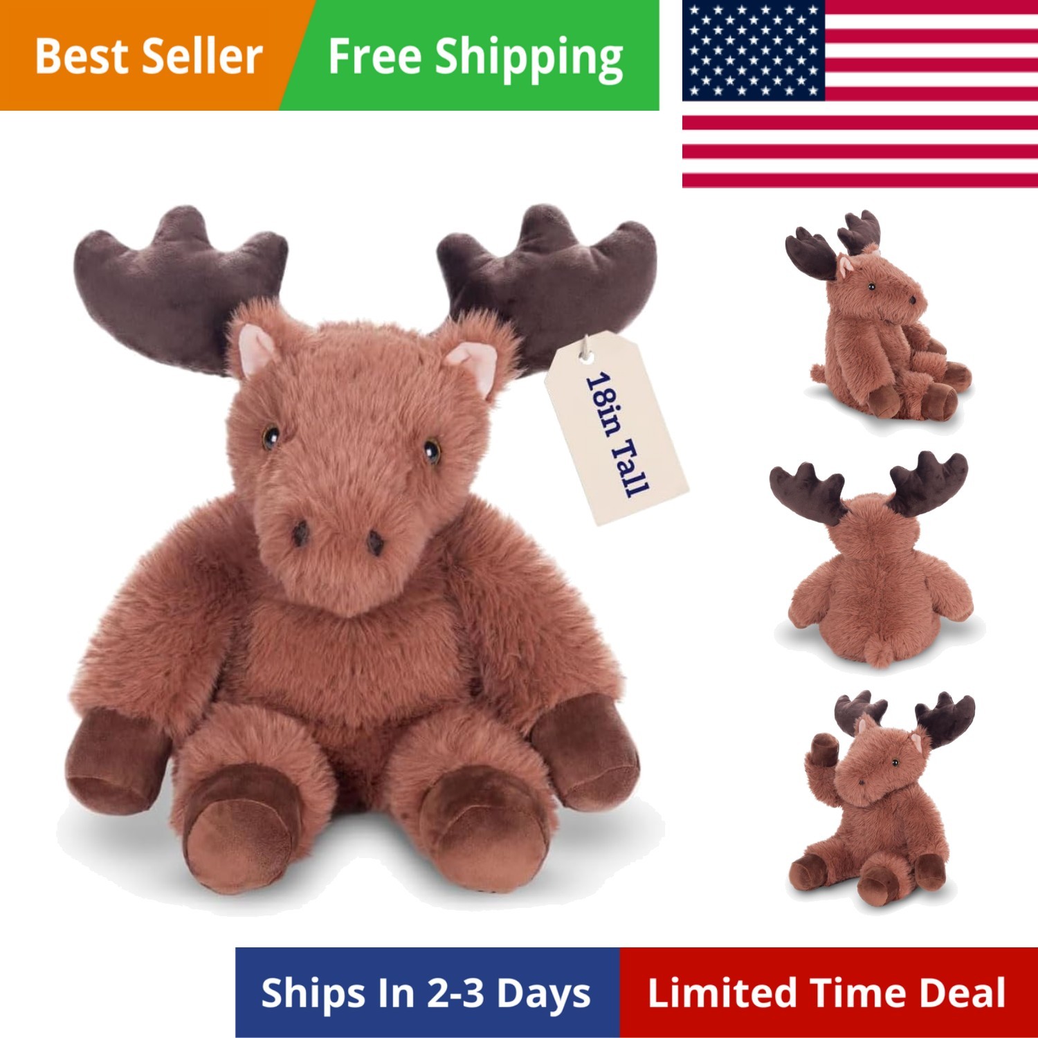 Moose Stuffed Animal - Soft Brown Moose Plush, 18" for Kids