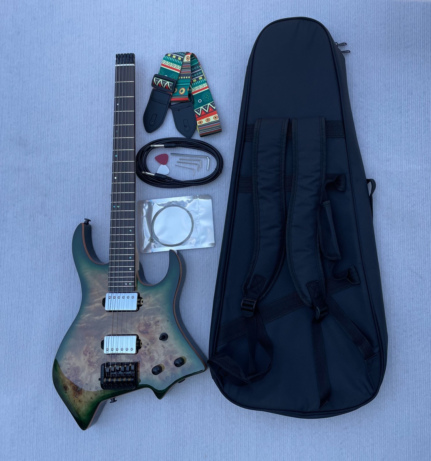 Headless / Travel 6 String Electric Guitar Solid Body Glossy Finished Burl Top