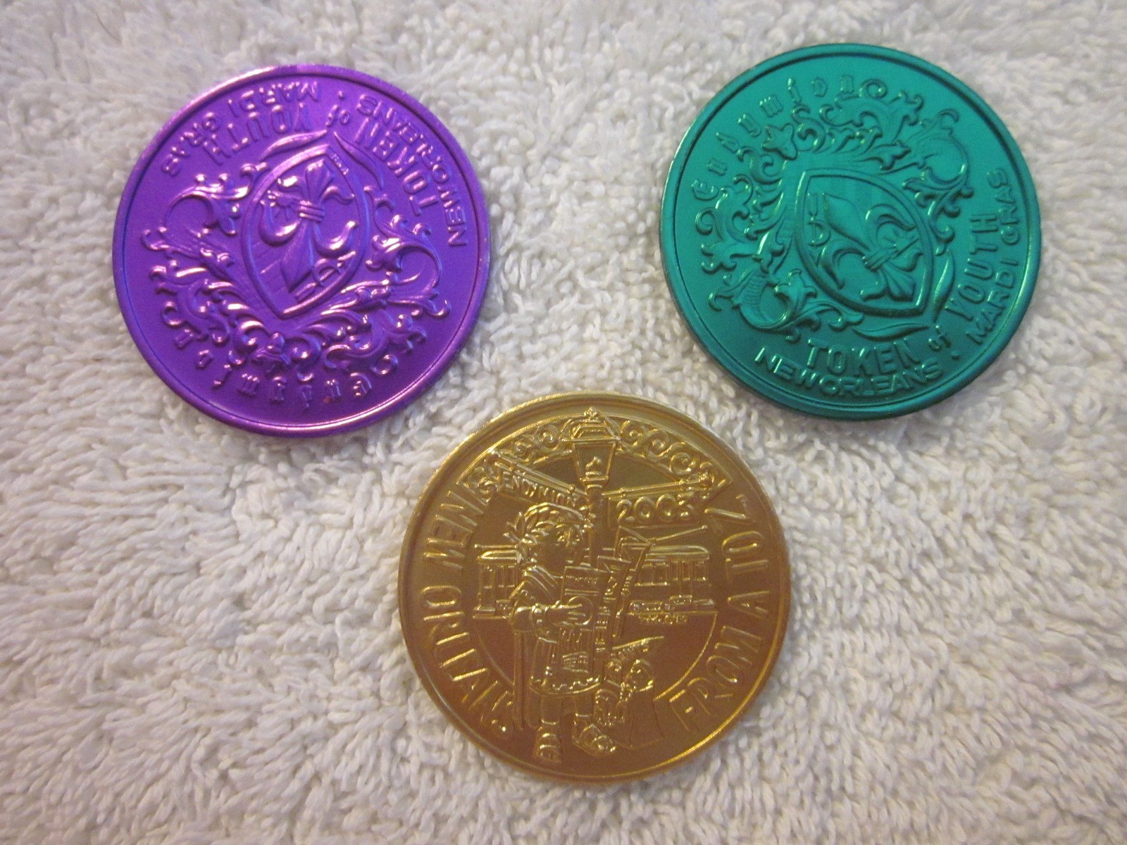ENDYMION 2003 SET of 3 MARDI GRAS PURPLE-GREEN-GOLD DOUBLOONS "N.O. FROM A to Z"