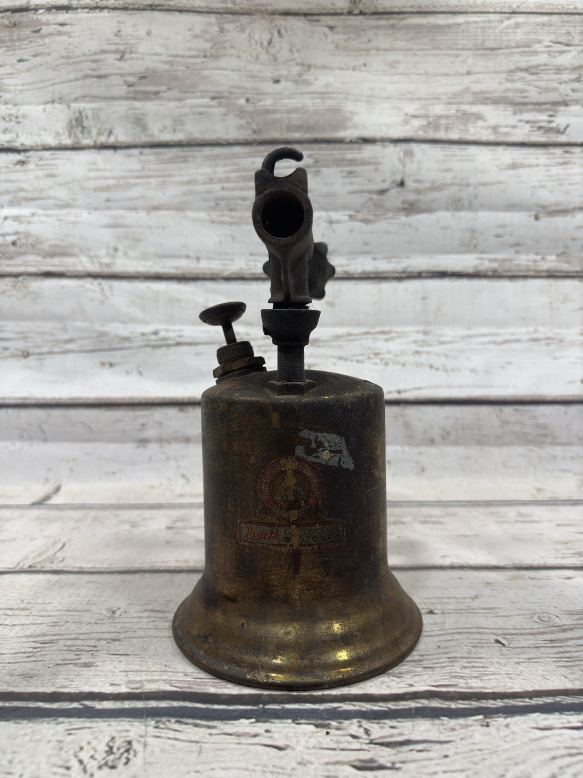 VTG Lenk Gasoline Brass Hand Blow BloTorch Wood Handle Soldering Welding Metal
