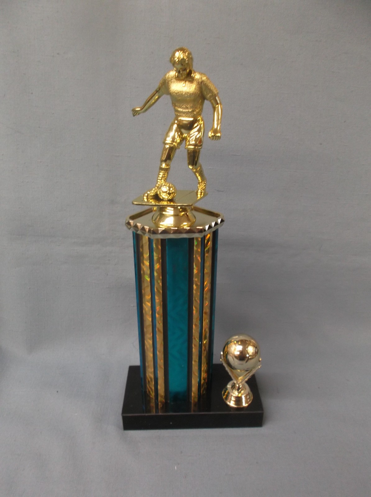 female SOCCER trophy award wide teal column black marble base soccer ball trim