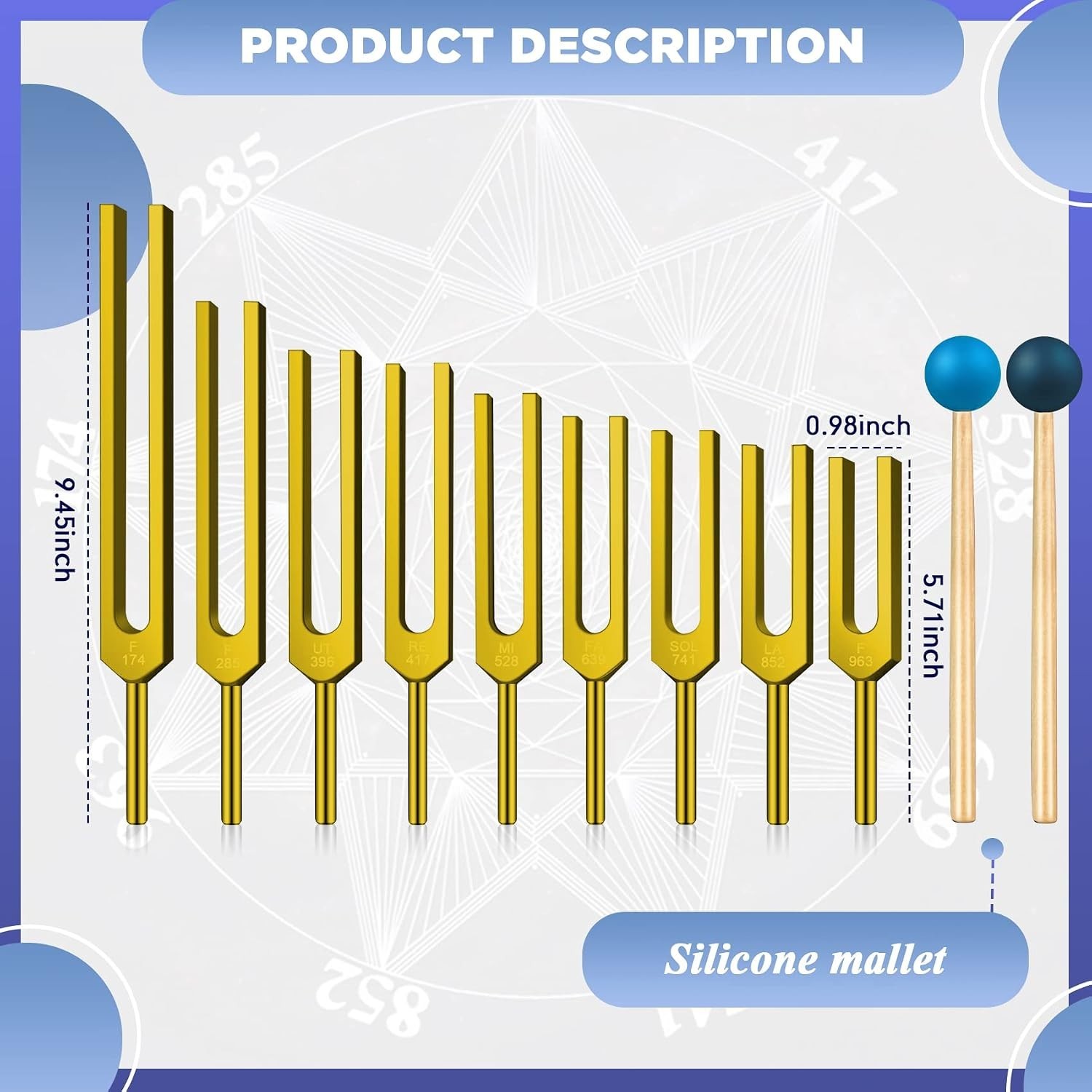 🌈 Solfeggio 9 Weighted (Golden) – Professional Tuning Fork Set
