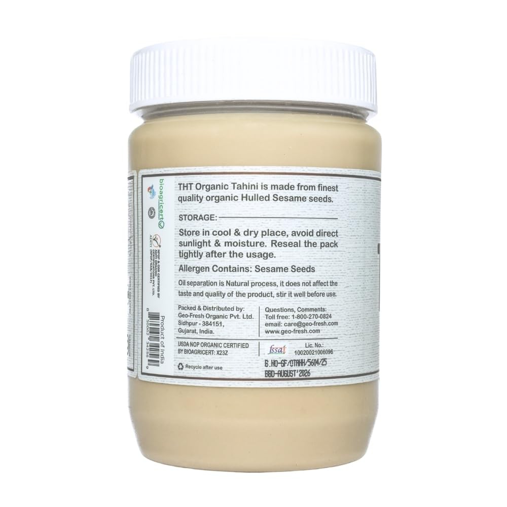 Organic Tahini Paste 16 oz (1lb) - Smooth Tahini Organic from Hulled Sesame S...