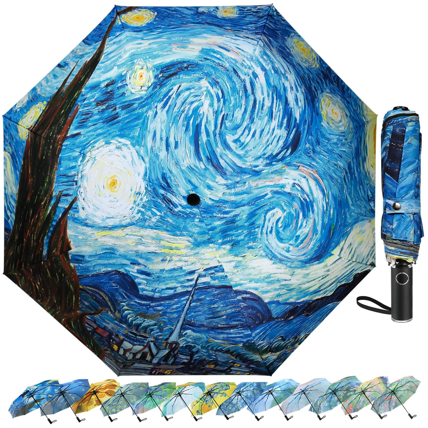 Van Gogh Folding Umbrella, Travel Umbrella with Starry Night Design, Auto Ope...