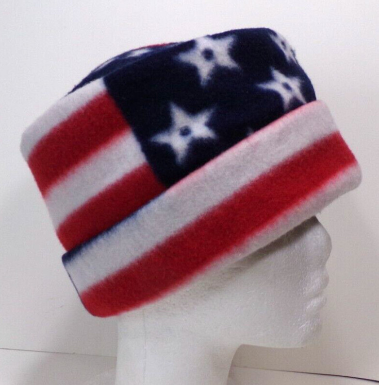 RED / WHITE / BLUE   FLAG   FLEECE ROLLED BRIM WINTER HAT  STRETCHY WARM  h88cr