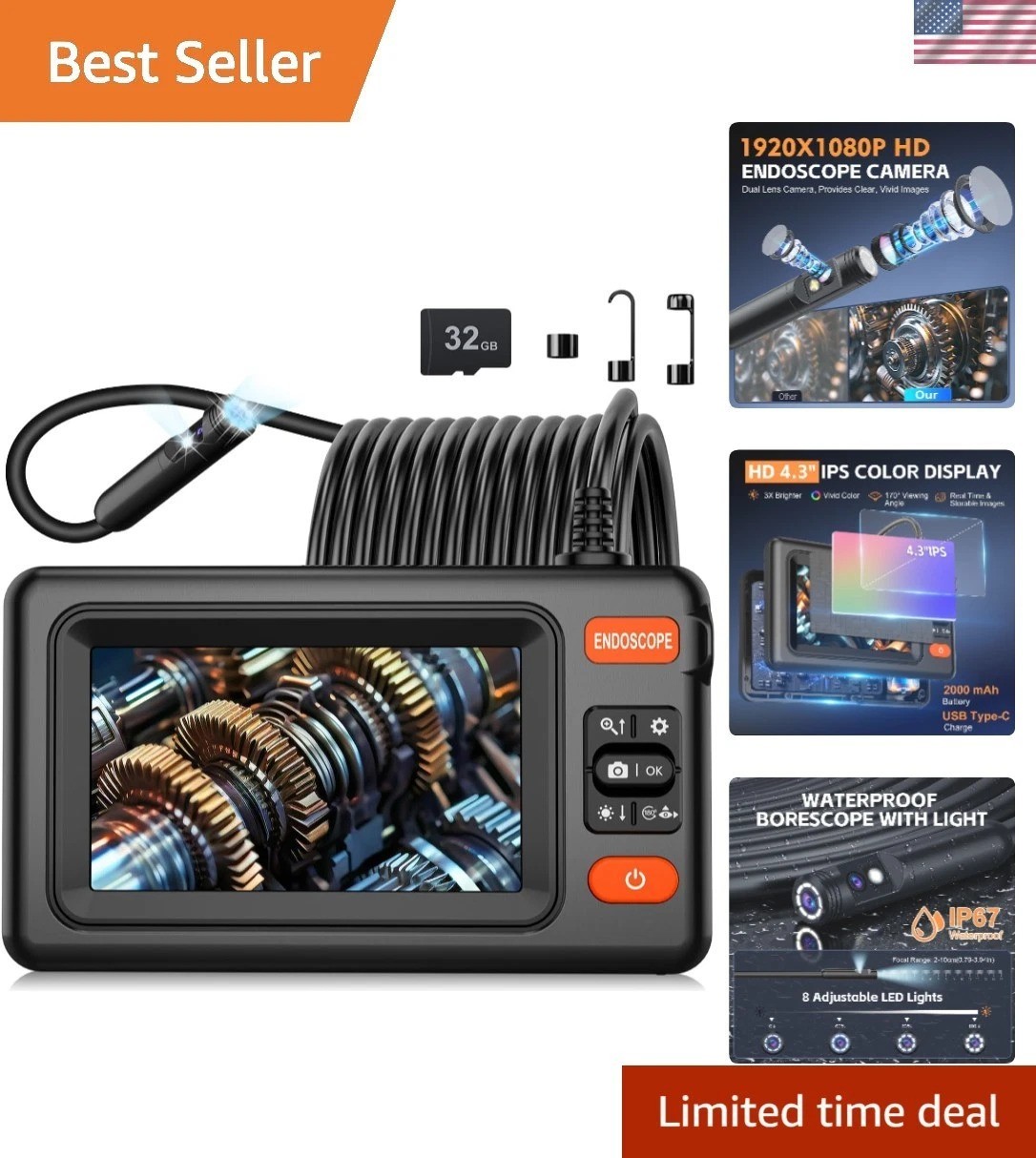 Endoscope Camera with Light, 4.3" LCD, & 32GB Card - 1920P HD Inspection Tool