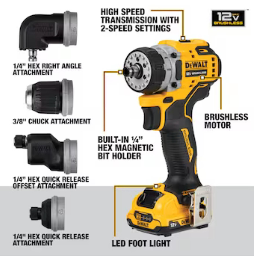 DeWALT DCD703F1 12V Max Brushless Cordless Multi-Head Drill / Driver - Kit New