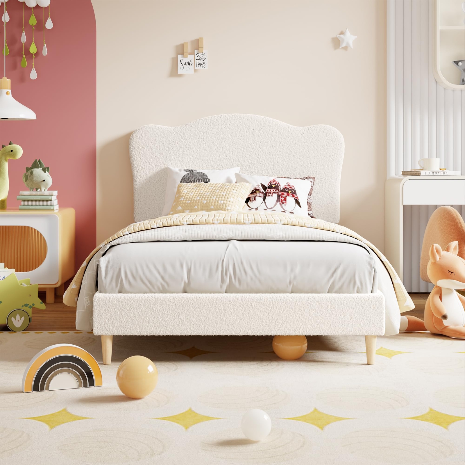 Twin Size Bed Frame Upholstered Kids Bed Frame w/Headboard ,Sturdy Platform Bed