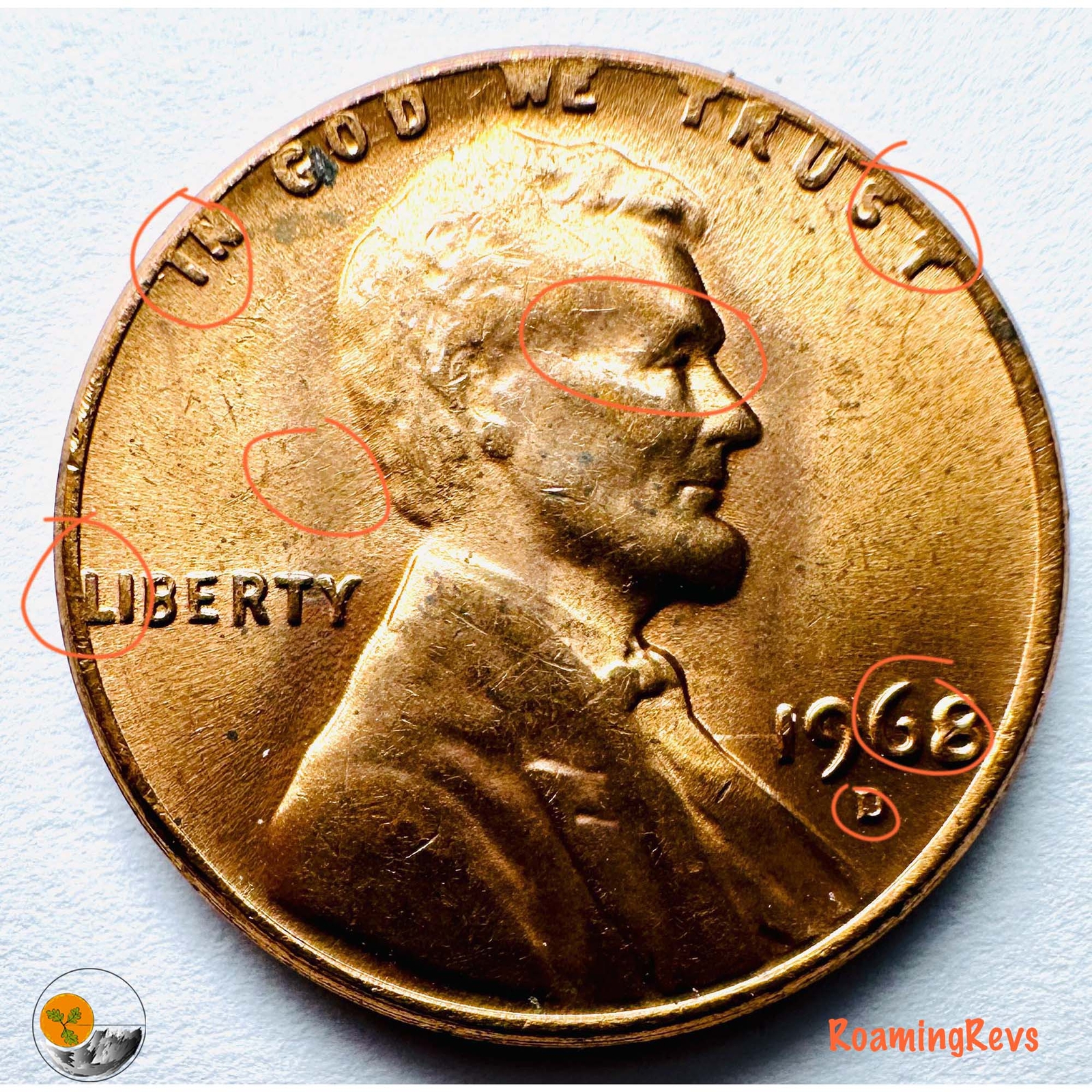 1968 D RED Lincoln Penny-Errors-Date & MM - LI & IN Rim, Actual Coin Photo!
