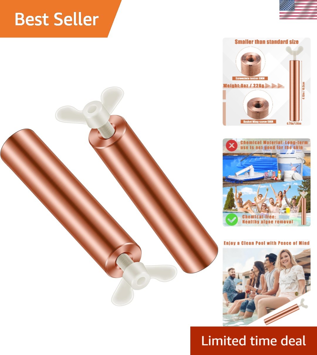 Solar Copper Anode Copper Replacement L=4.13" D=0.71" for Solar Pool Ionizer ...