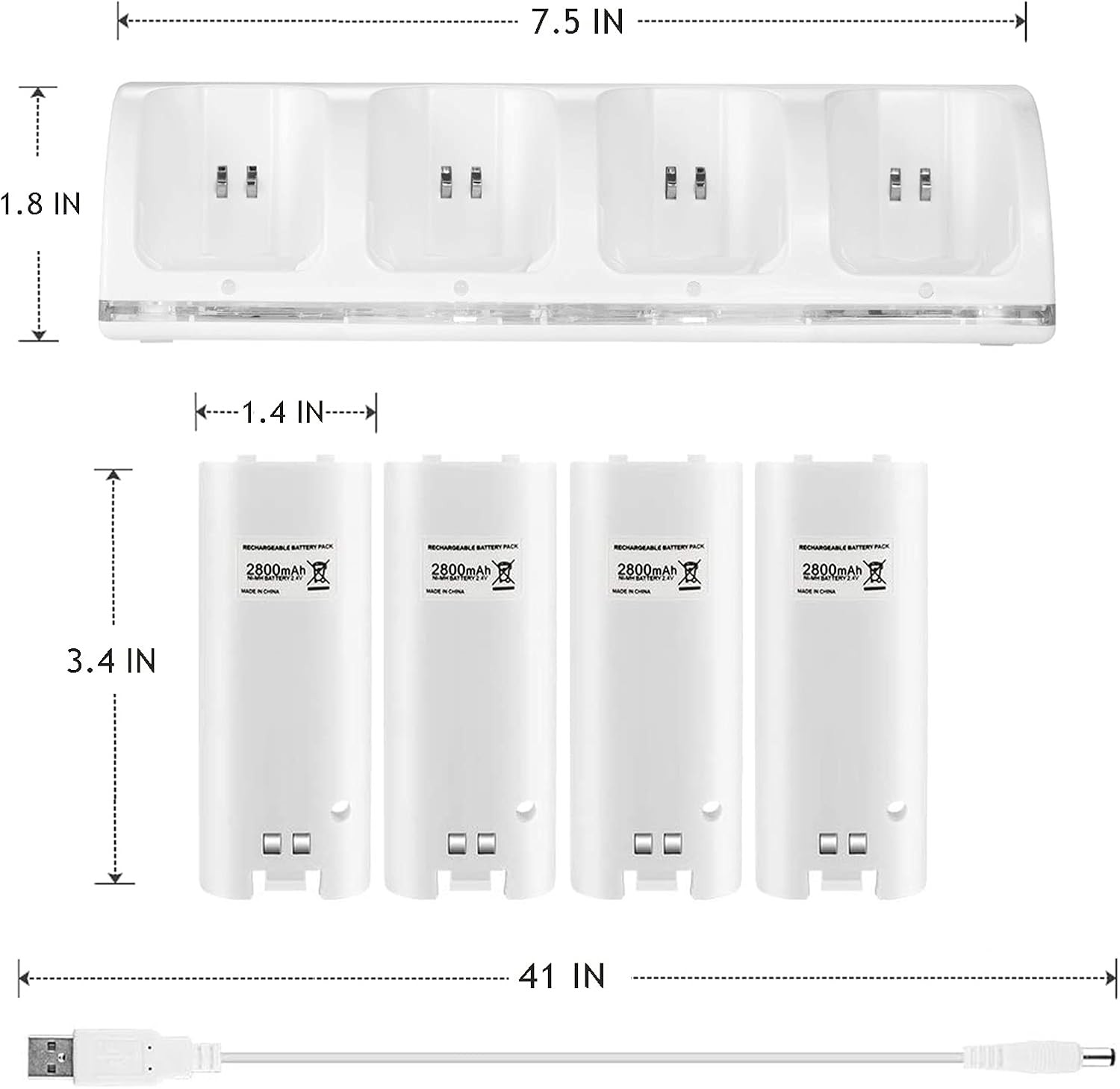 4-in-1 Charging Station for Wii&Wii U Remote Controller 4 Rechargeable Batteries