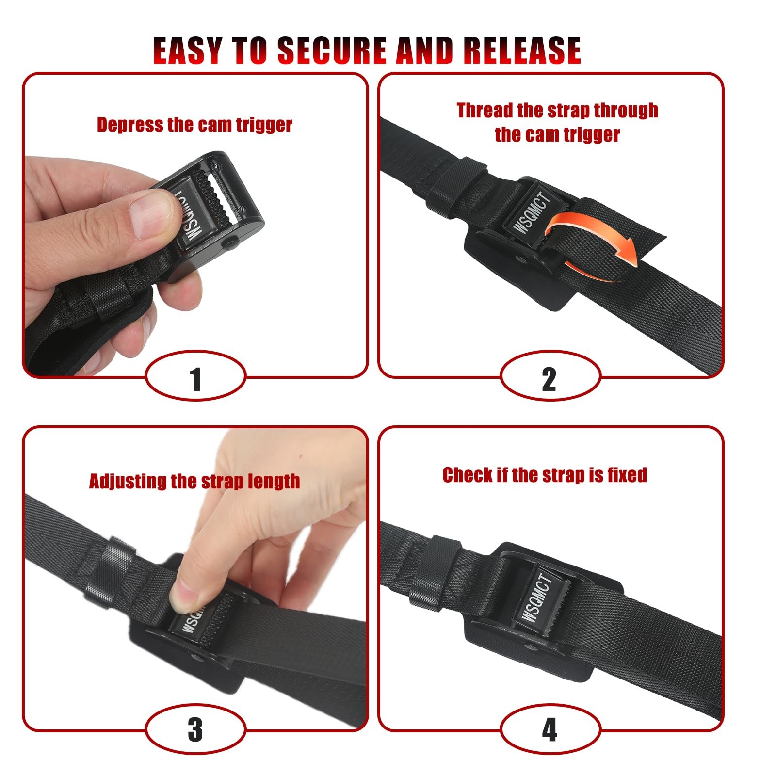 4 Pack Cam Buckle Tie Down Straps Adjustable Lashing 1''×8', Black
