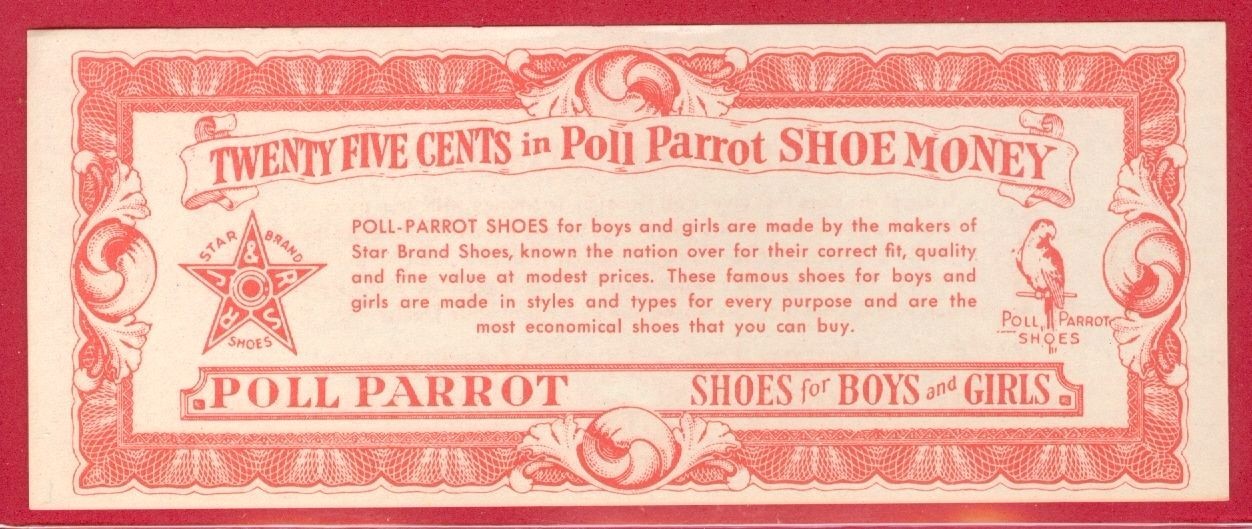VINTAGE PROMOTIONAL $0.25 "POLL PARROT SHOE MONEY" for BOYS & GIRLS!
