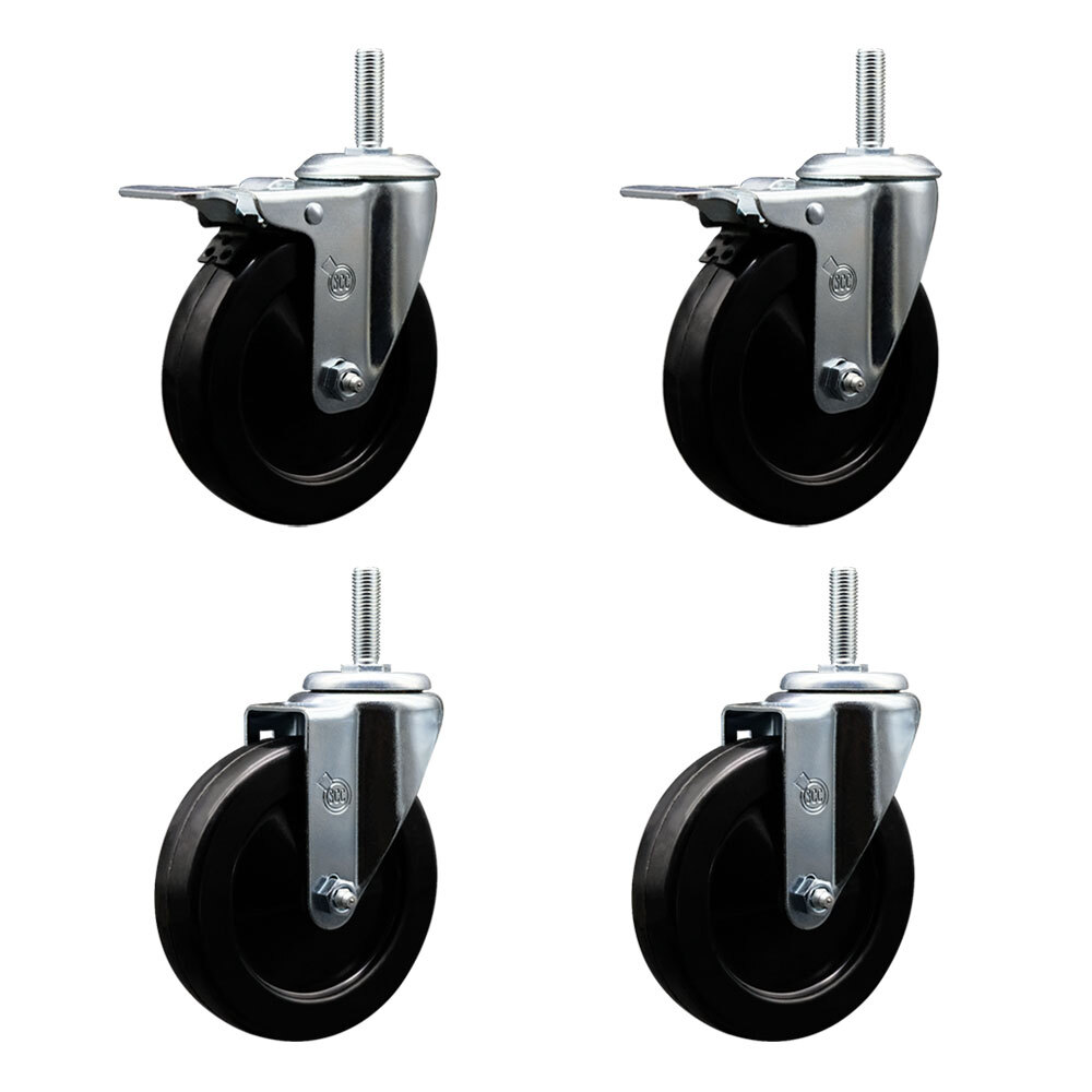 5 Inch Hard Rubber Swivel 3/4 Inch Threaded Stem Caster Set 2 Total Lock Brakes