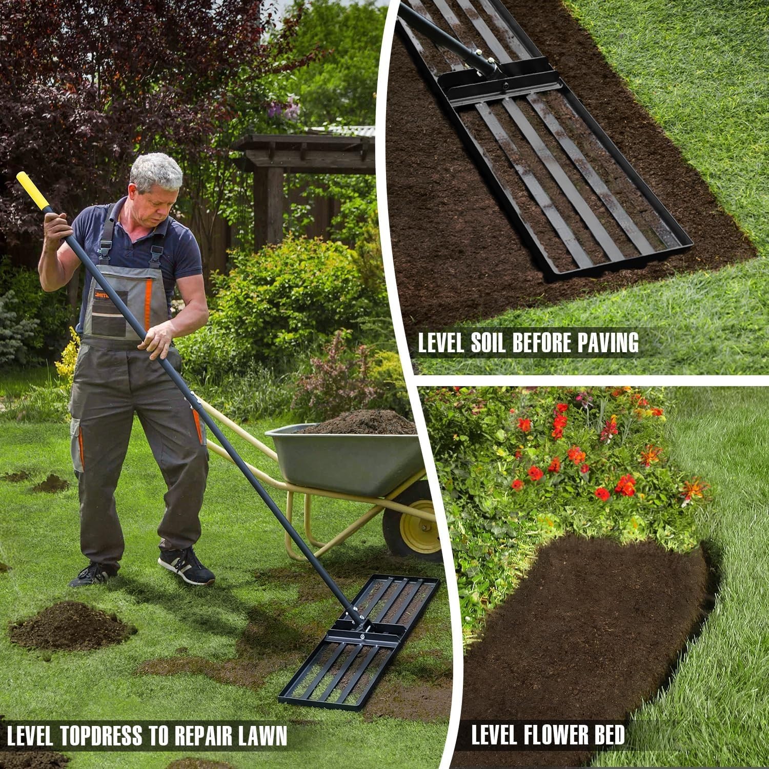 Versatile 36" Lawn Leveling Rake with 72" Handle - Perfect for All Grass Types