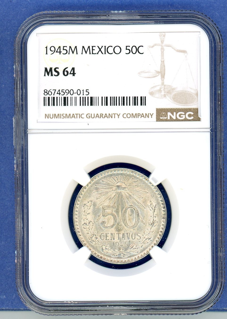 1945 M Mexico NGC MS64 Silver 50 Centavos MS-64 Blast White
