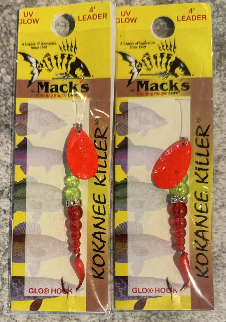 2 Packs Mack’s Kokanee Killer Spinners Glow UV Orange Blade 16221 Red Glow Hook