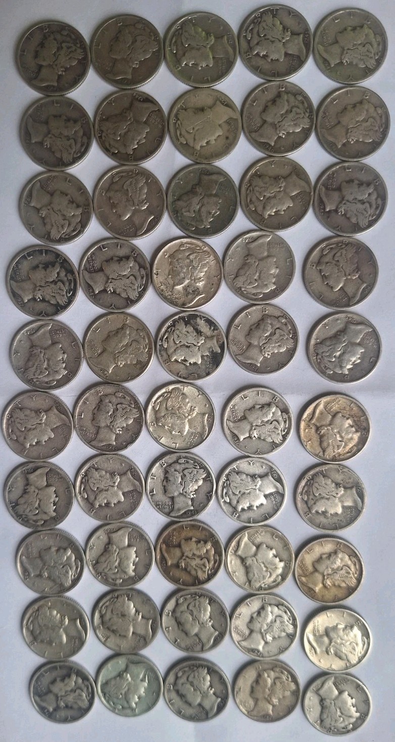 Lot of 50 Mixed 90% Silver Mercury Dimes (1 Roll) 1916-45 Circulated Free Ship!