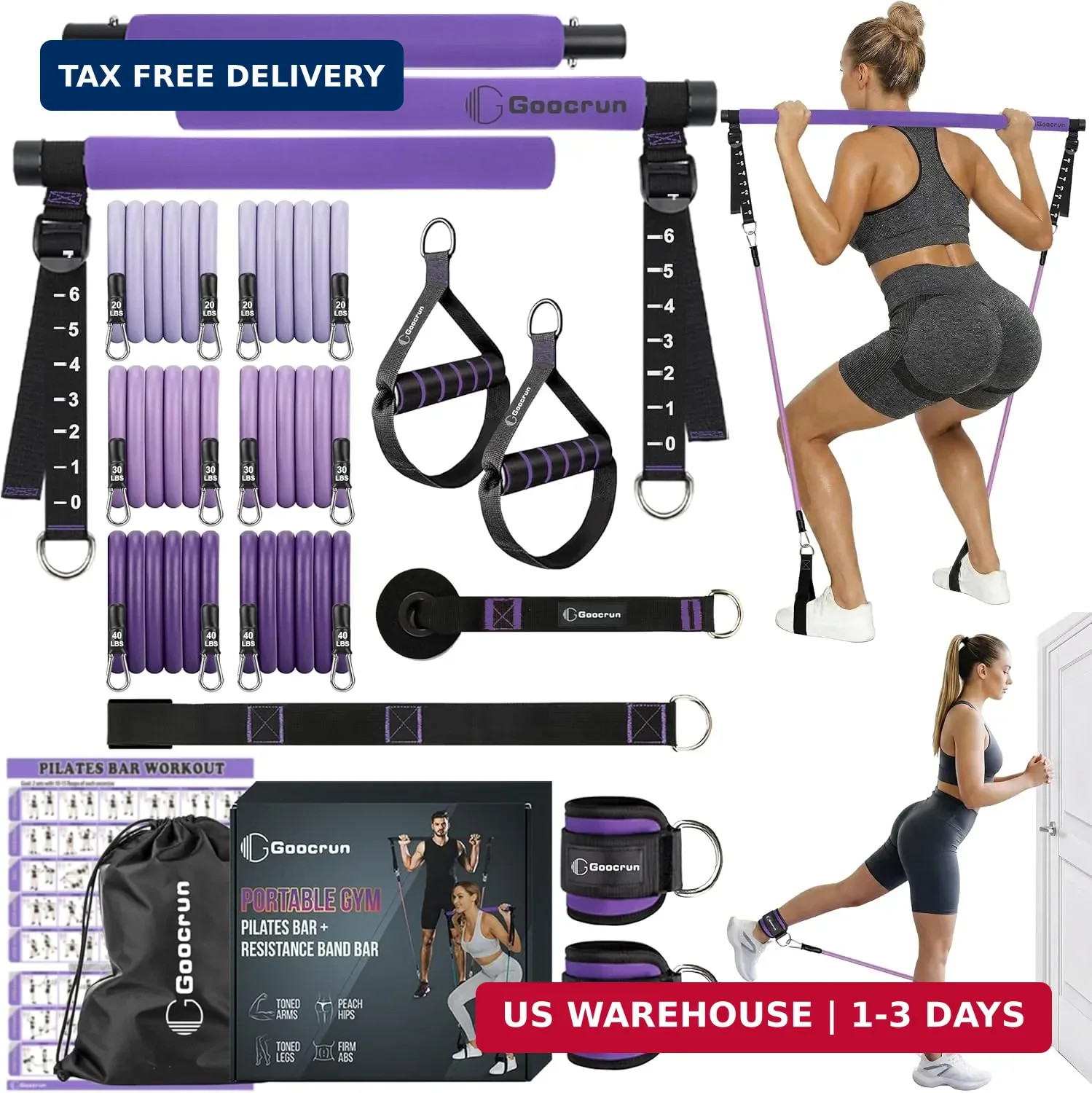 Goocrun Portable Pilates Bar Kit with Resistance Bands for Men and Women - 3 Set