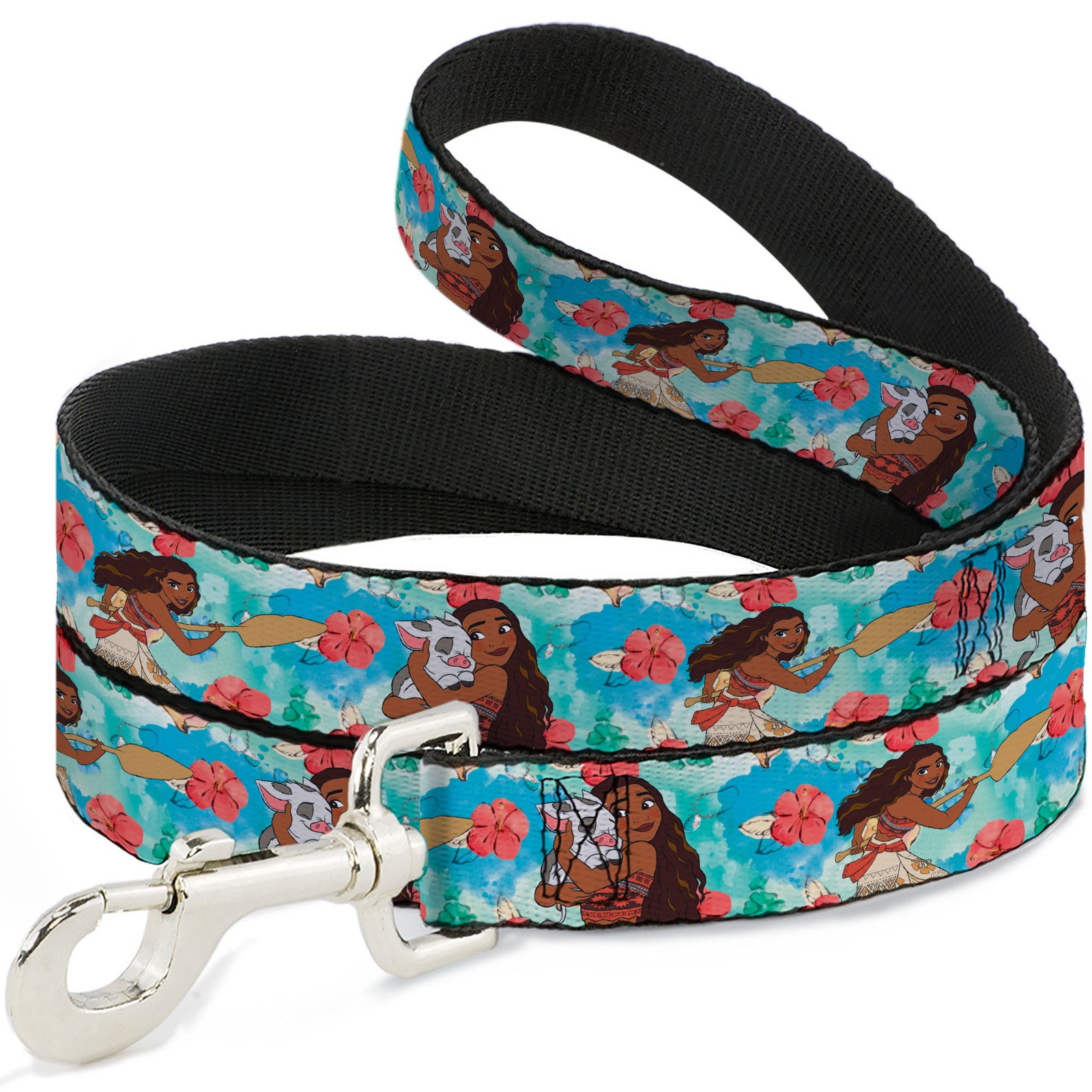 Dog Leash Moana Poses and Pua Flowers Blues NARROW 0.5"