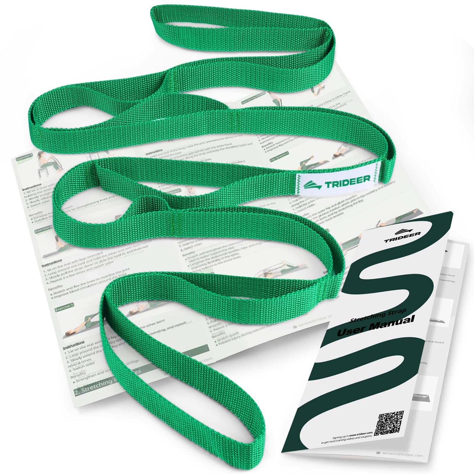 Trideer Stretching Strap with Loops & Leg Lifter, Non-Elastic PT-Style Green