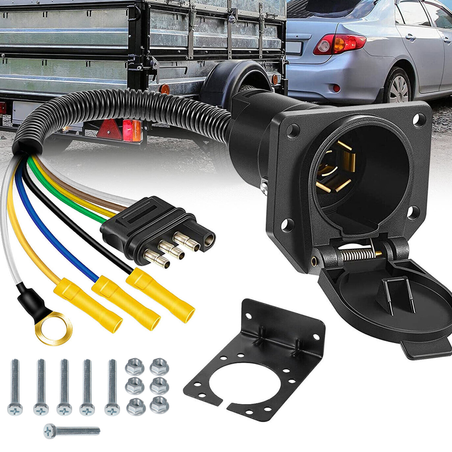 4 Flat to 7 Way Blade Trailer Tow RV 4-Way Plug Connector Adapter w/ Brake Wire.
