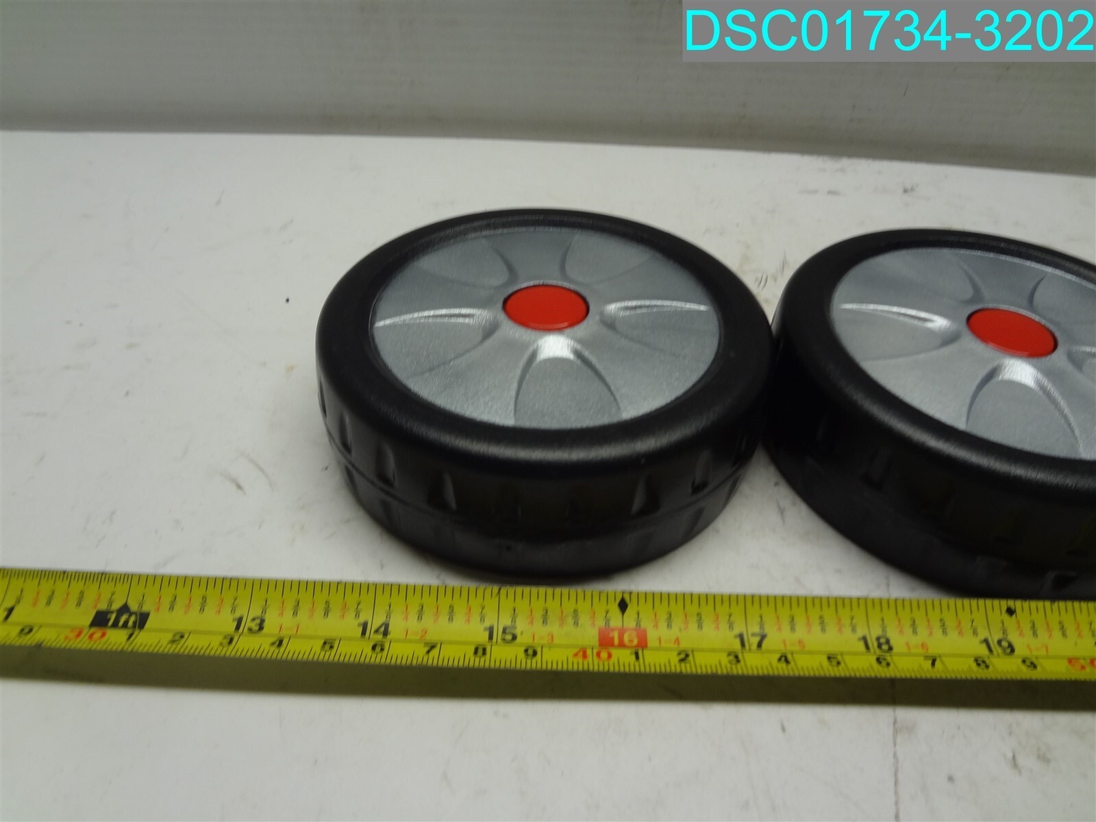 2 Pack; 4-1/2" Dia. x 1-3/8" Wide Plastic Wheels. Silver/Black. 210927AC