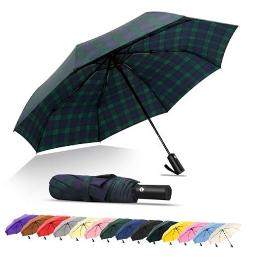 Travel Umbrella - Compact Umbrella for Rain - Perfect Large Auto Plaid Blue