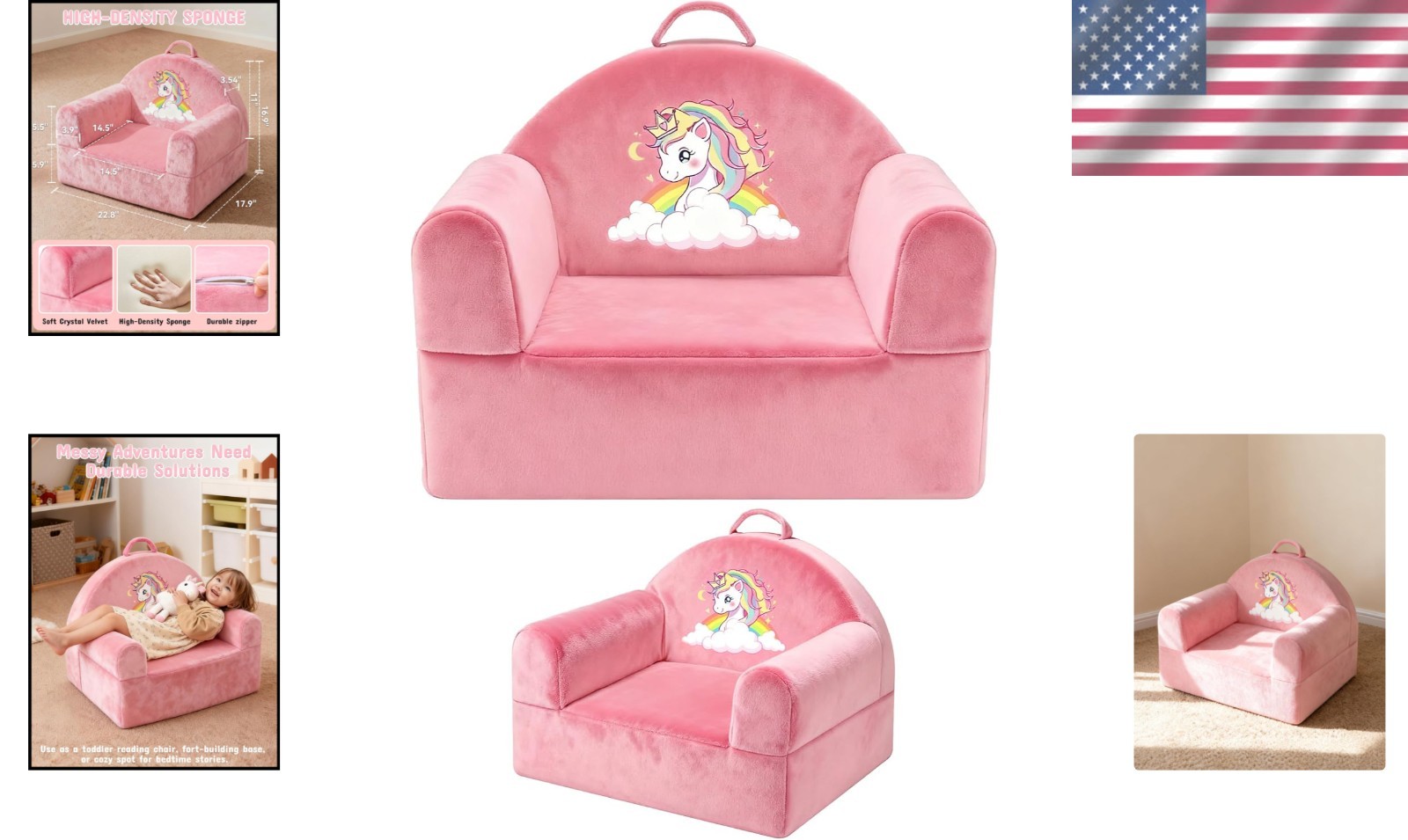 Kids Sofa Chair Pink Unicorn Toddler Chair Removable Washable Cover Cozy Velvet