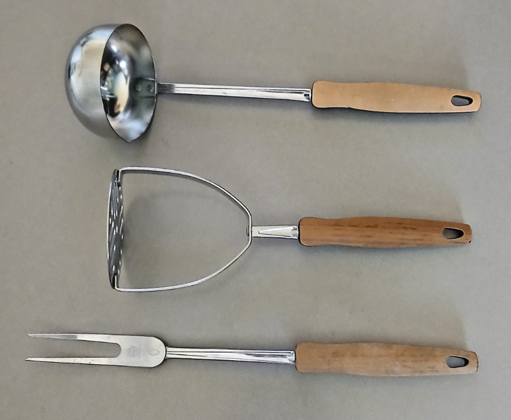 Stainless Steel Ekco USA Brown & Black Handle Kitchen Utensils Ladle Masher Fork