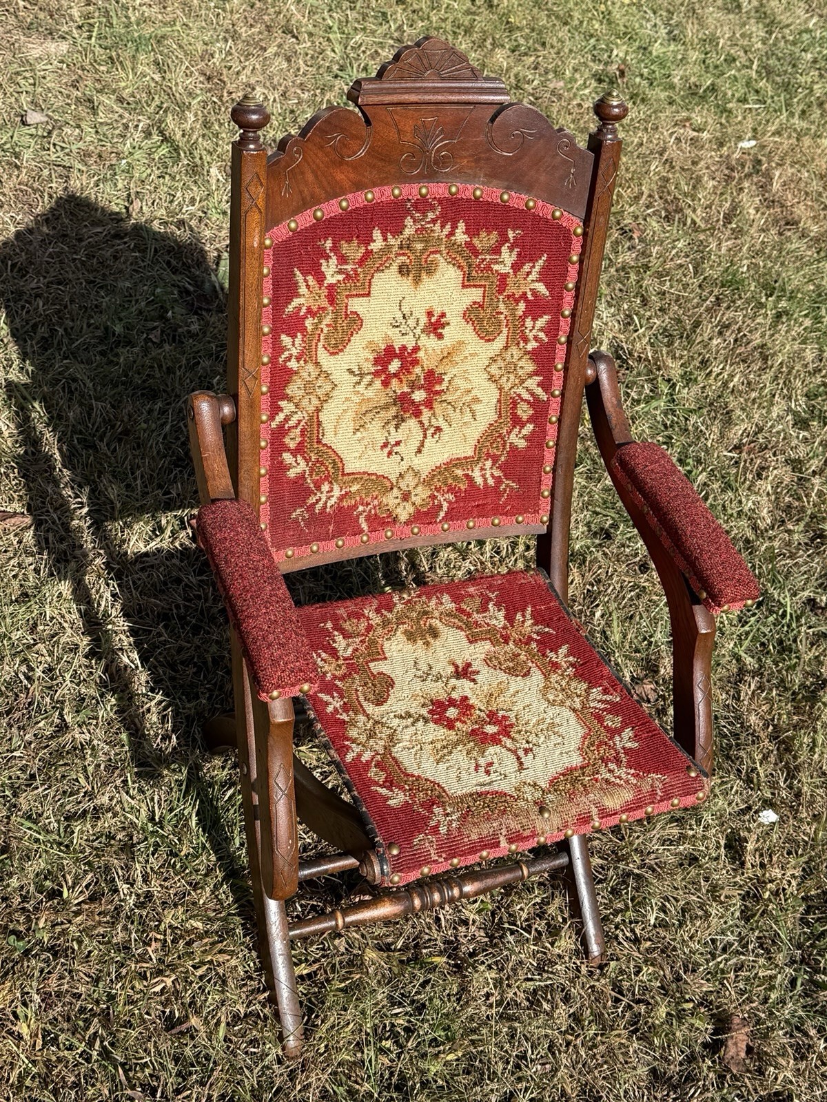 Antique Philander P Derby Folding Chair Victorian Tapestry No. 575 Hand Carved